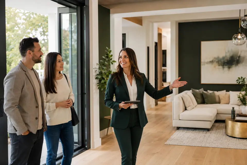 Real estate agent presenting a modern home to prospective buyers