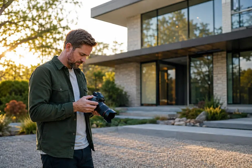 Real estate photographer reviewing a property shoot outside a modern home
