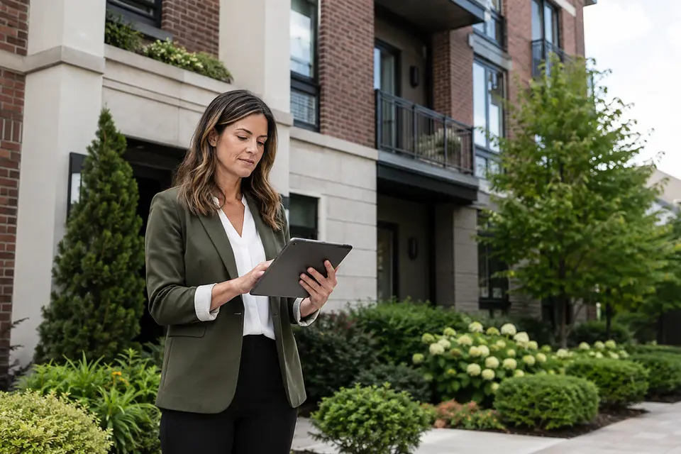 Property manager working from a tablet outside a residential building